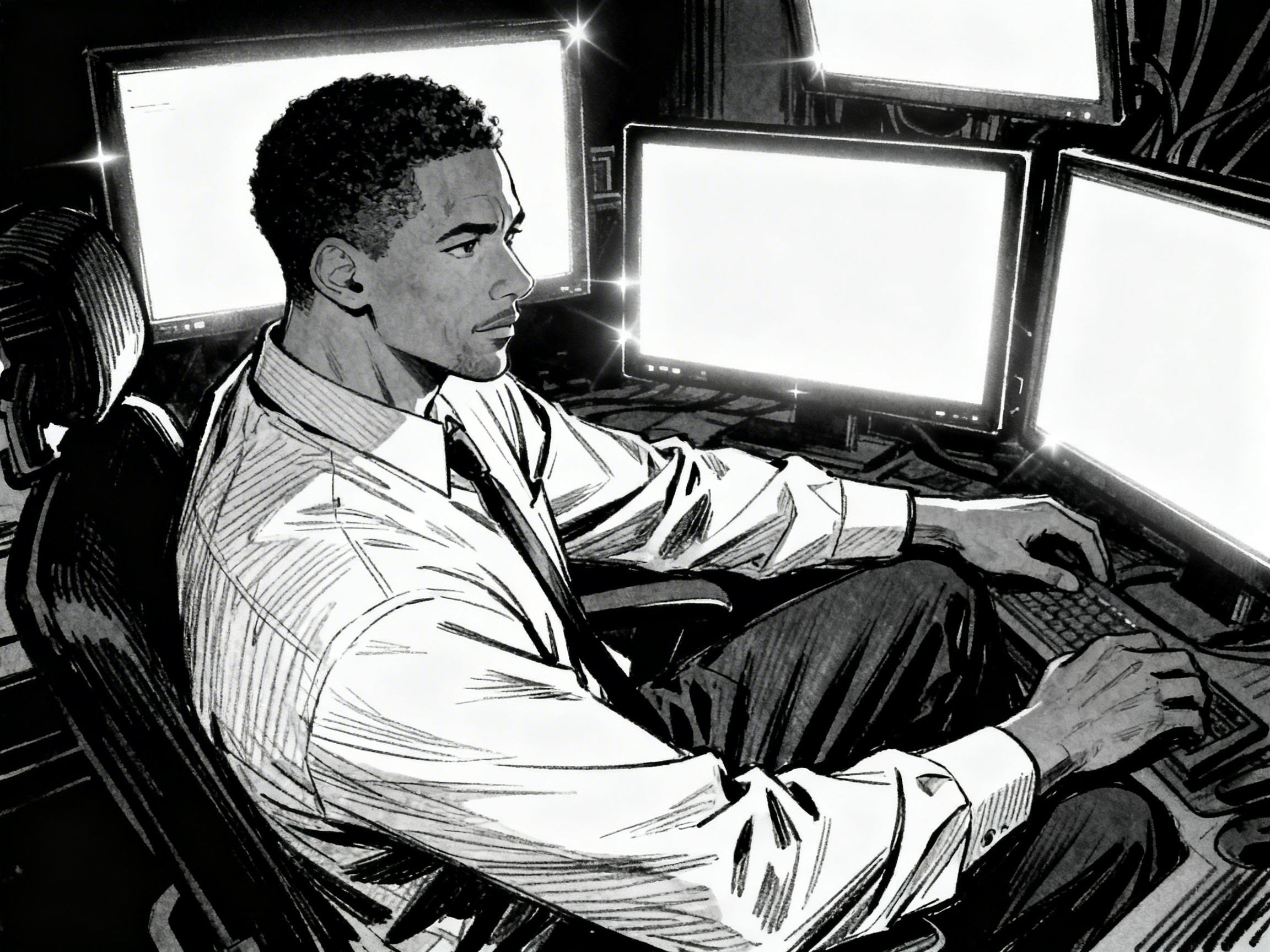 Analyst surrounded by monitors and data displays.