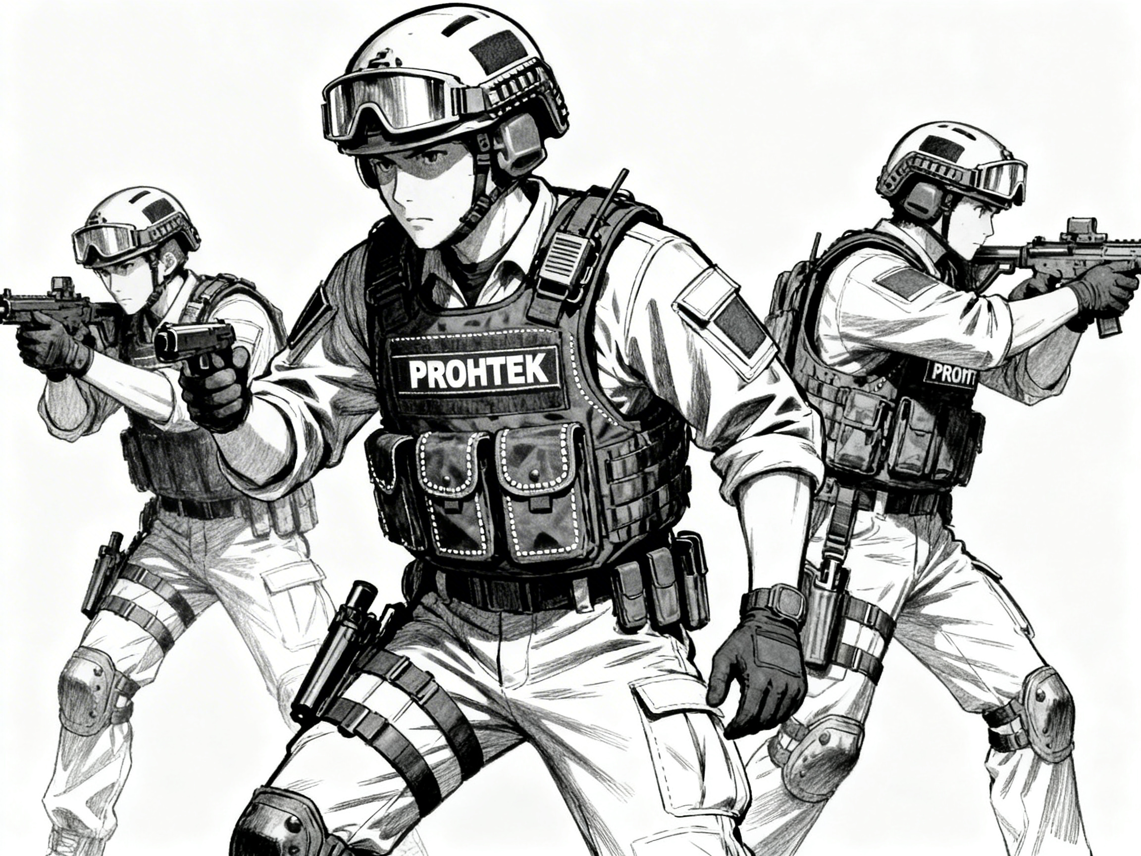 Three PROHTEK tactical operators in coordinated formation.